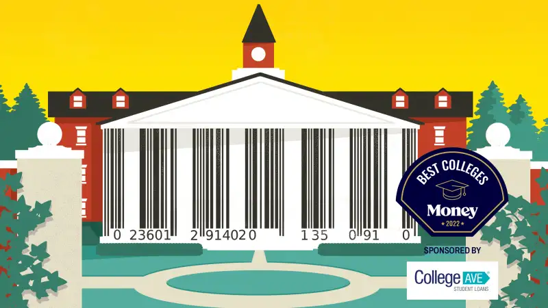 Illustration of a University building where the Columns form a bar code