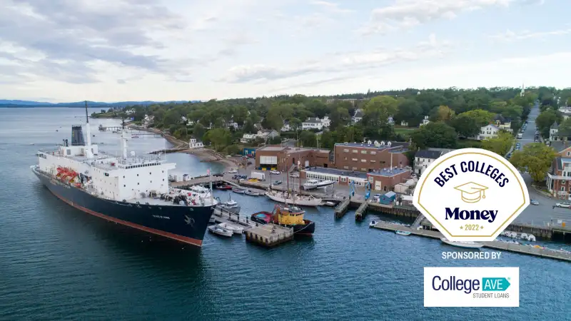 Aerial view of a large ship at The Maine Maritime Academy