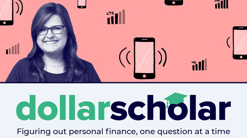 Dollar Scholar Banner with smartphones and 4G, 5G and LTE service bars