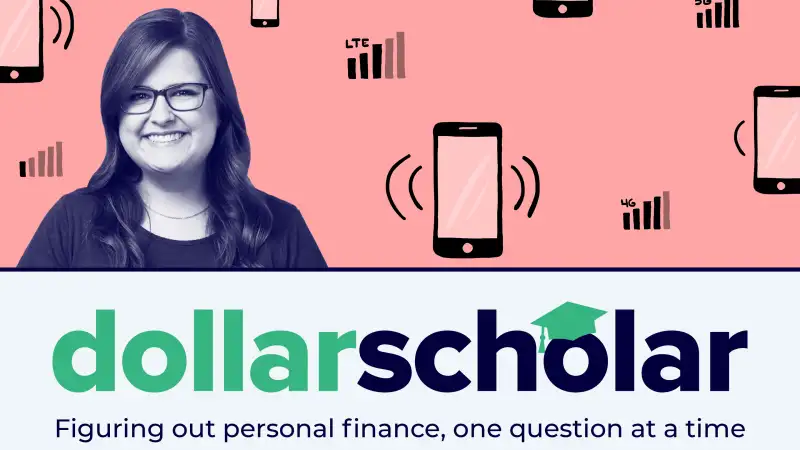 Dollar Scholar Banner with smartphones and 4G, 5G and LTE service bars