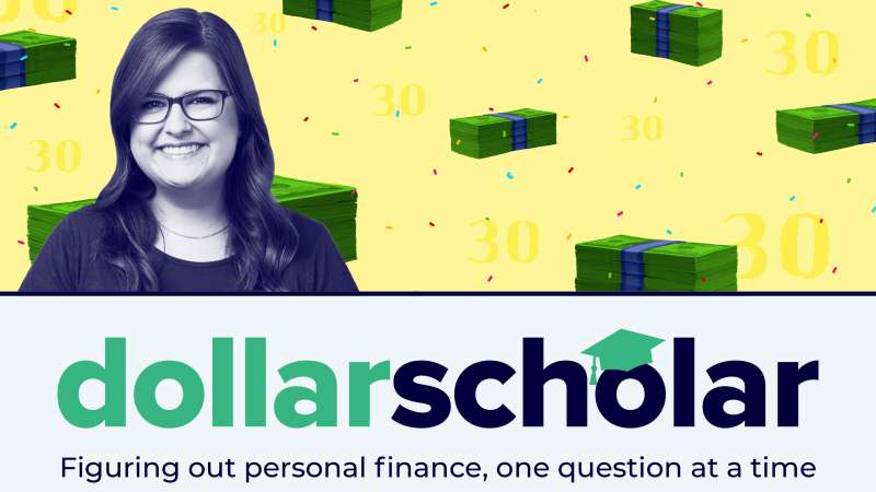 Dollar Scholar Banner with multiple piles of cash and confetti in the background