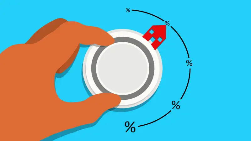 Illustration of a hand turning a know to increase the ARM percentage rate, where the arrow is in a shape of a house