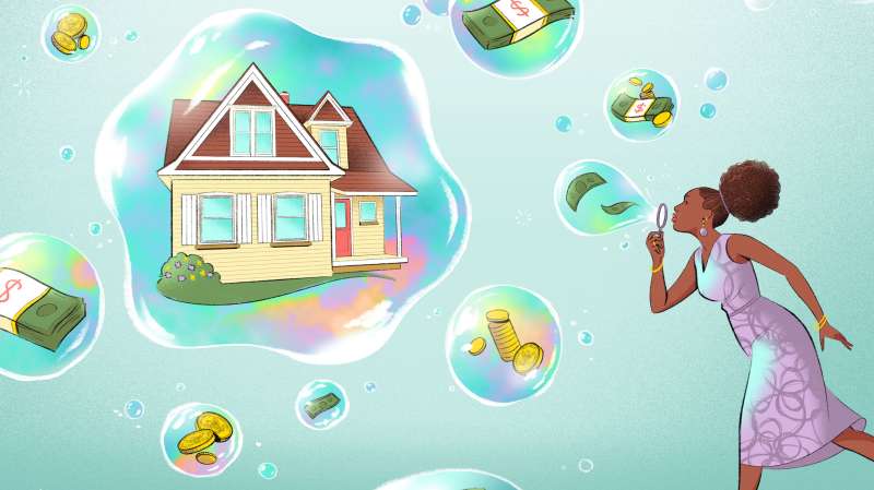 Illustration of a woman blowing bubbles that contain dollar bills, coins and a home
