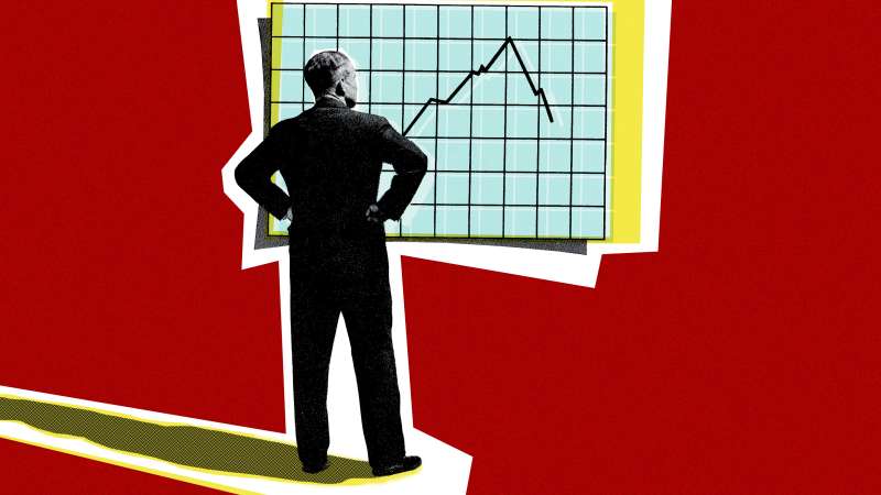 Vintage photo-illustration of a a man looking at a negative stock market chart