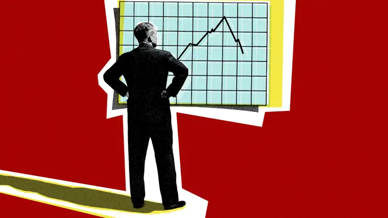 Vintage photo-illustration of a a man looking at a negative stock market chart