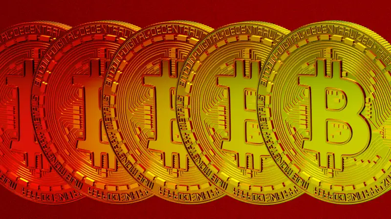 Collage of multiple bitcoins in sequence