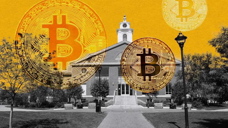 Photo illustration-collage of Bentley University MA campus with bitcoins superimposed on top