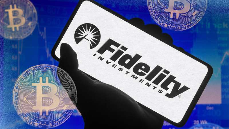 Photo collage illustration of hand holding cel phone with Fidelity Investment and many Bitcoins on top