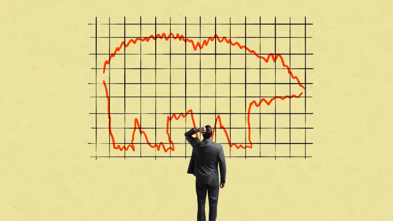 Illustration of a businessman staring worried at a stock market graph that forms the shape of a bear