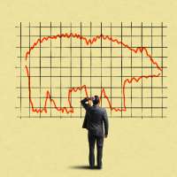 Illustration of a businessman staring worried at a stock market graph that forms the shape of a bear