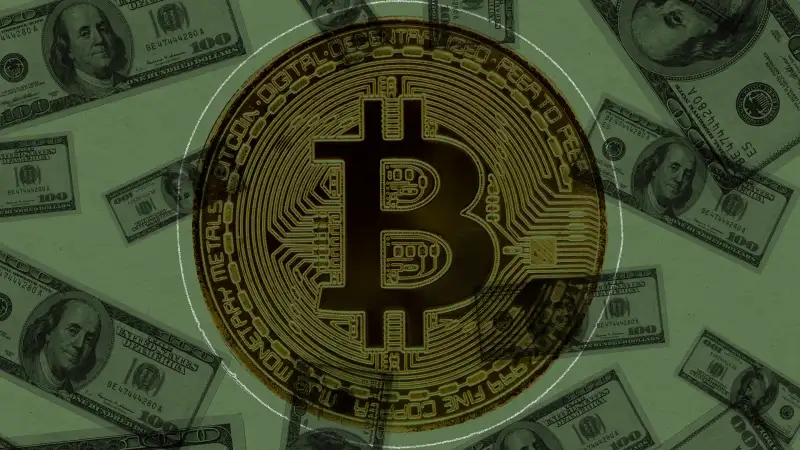 Illustration of a bitcoin surrounded by many dollar bills