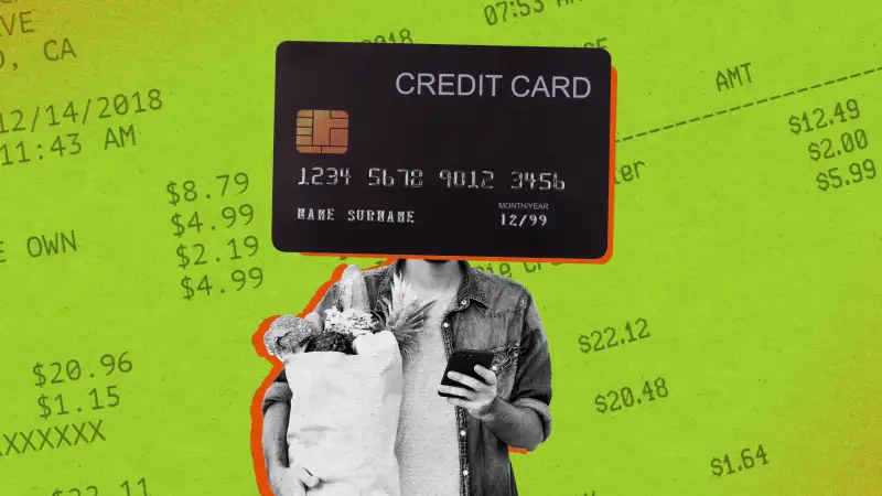 Photo collage illustration of a person shopping for groceries with a giant credit card for a head