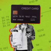 Photo collage illustration of a person shopping for groceries with a giant credit card for a head
