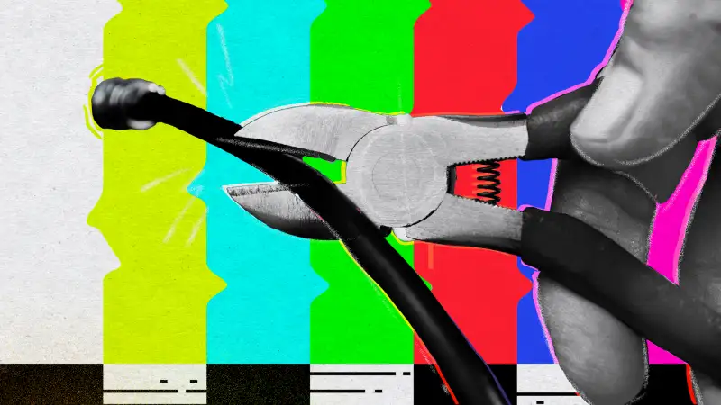 Photo collage illustration of a hand cutting a TV cable cord