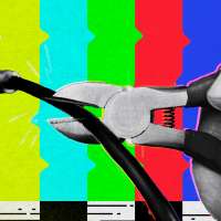 Photo collage illustration of a hand cutting a TV cable cord