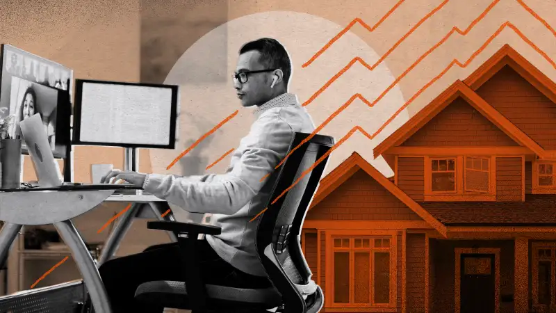 Photo collage illustration of a man working from his home and a house illustration on the backgrounds with lines indicating the rising prices