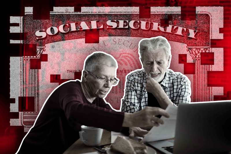 Elderly Couple In Front Of Laptop With Oversized Social Security Card Behind Them