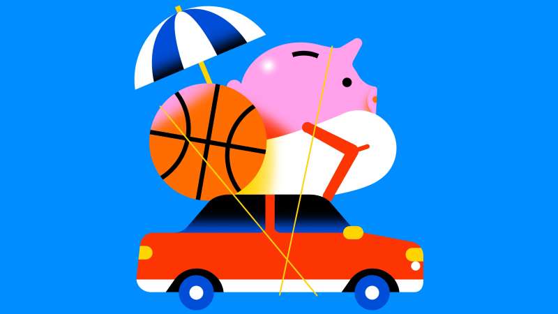Illustration of a car with a gigant basketball, sandal, beach umbrella and piggy bank on the roof rack