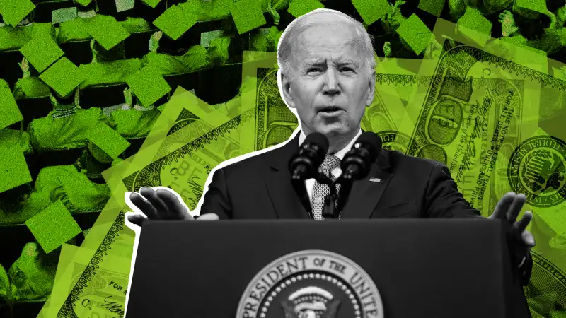 Collage of Joe Biden on a podium with fading hundred dollar bills and students during a graduation ceremony