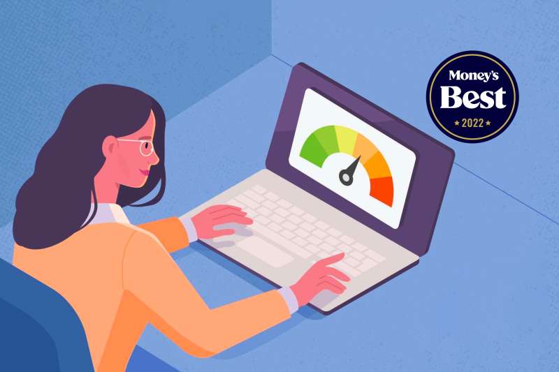 Illustration of a woman using a computer to check her credit score