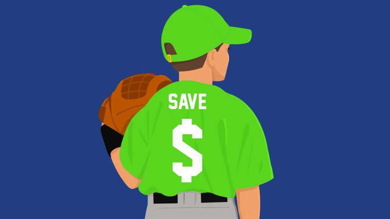 Illustration of a young baseball player with the last name  Save  on his jersey and a  $  sign