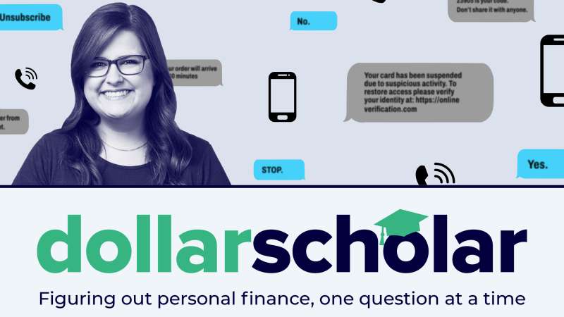 Dollar Scholar Banner with text message bubbles and cellphone icons in the background