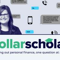 Dollar Scholar Banner with text message bubbles and cellphone icons in the background