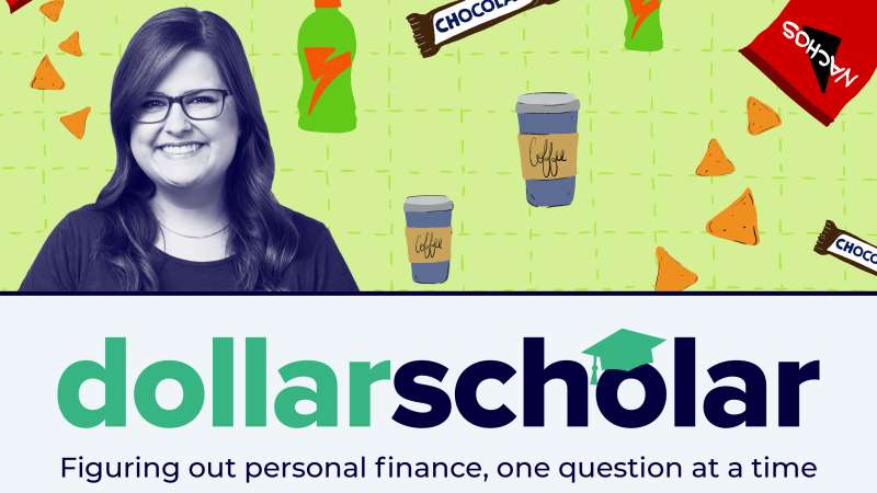 Dollar Scholar Banner with chips, coffee, chocolate and energy drinks in the background