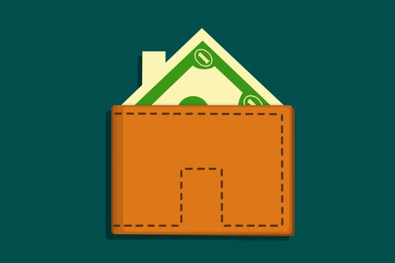 Illustration of a wallet with a one dollar bill coming out of the top, forming a shape of a house