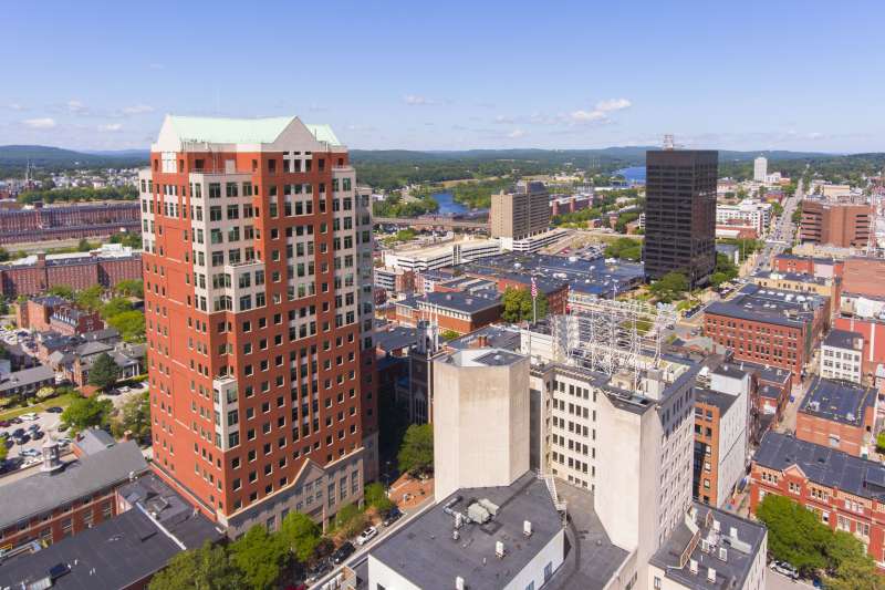 Aerial view of Manchester, New Hampshire, downtown building including City Hall Plaza.