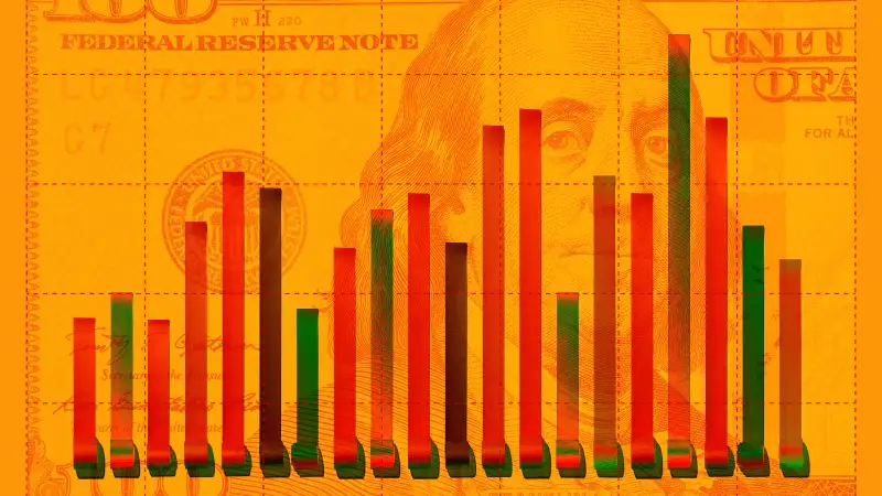 Collage of a bar chart with a close-up of Benjamin Franklin's Face on the One Hundred Dollar Bill