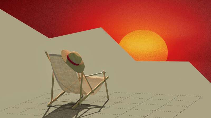 Collage of a beach chair in front of a sunset cut into a negative stock chart