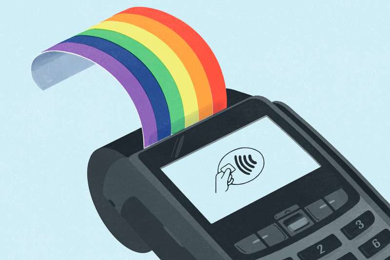 Illustration of a credit card terminal printing the LGBTQ+ Pride, rainbow flag as the receipt