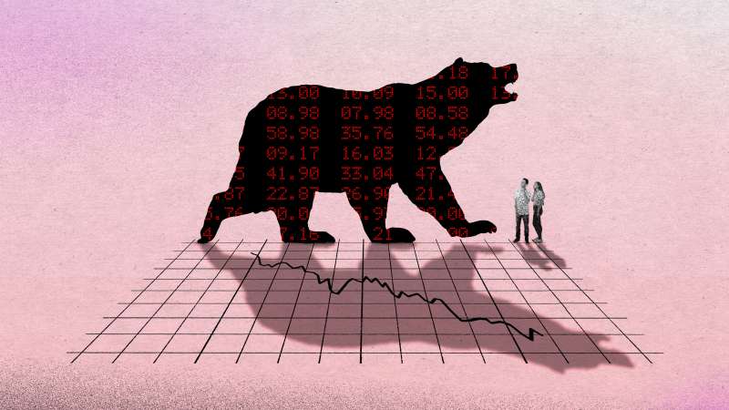 Illustration of a stock market graph and a bear silhouette with stock numbers on it, while two young investors look at it.