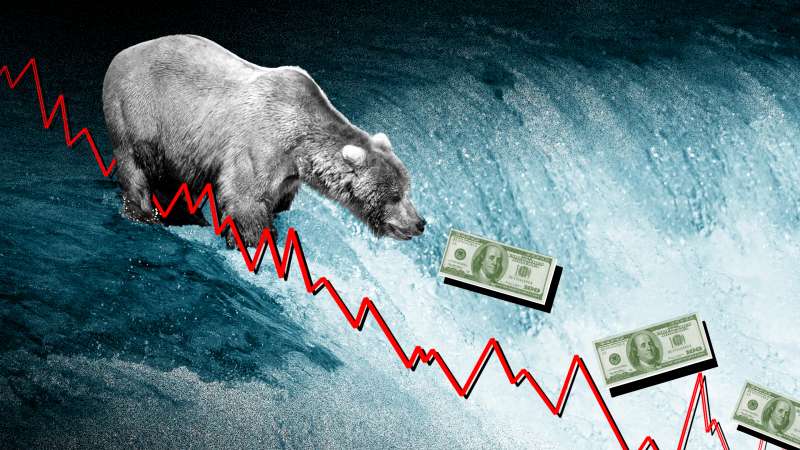 Photo illustration collage of a bear upstream waiting to catch some dollar bills out of the water as a stock market graph is superimposed on top.