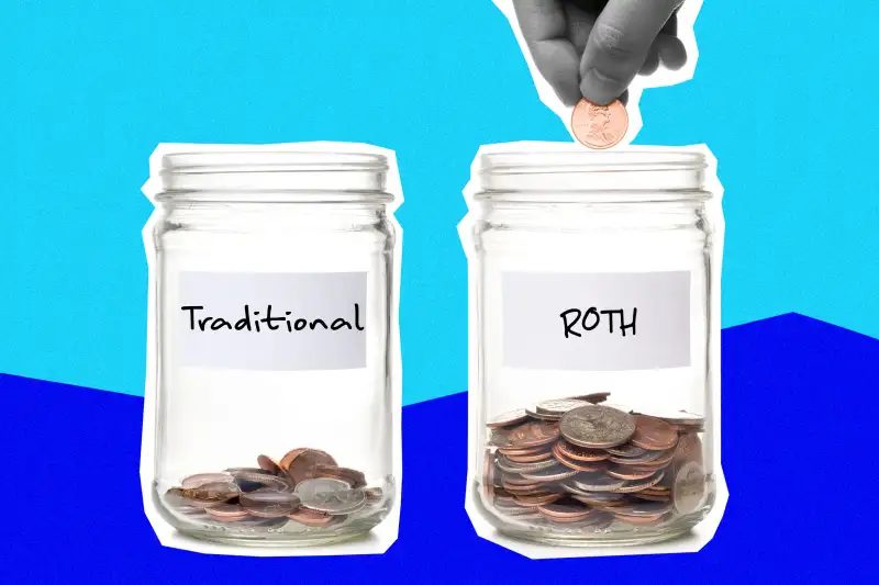 Collage of two money jars and a hand moving coins between them. One is labeled Traditional and the other one Roth.