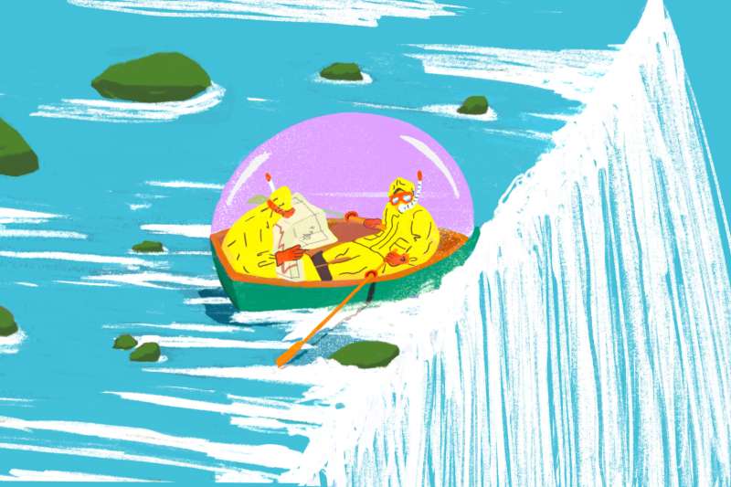 Illustration of two people on a small boat with a protective shield about to fall down a waterfall