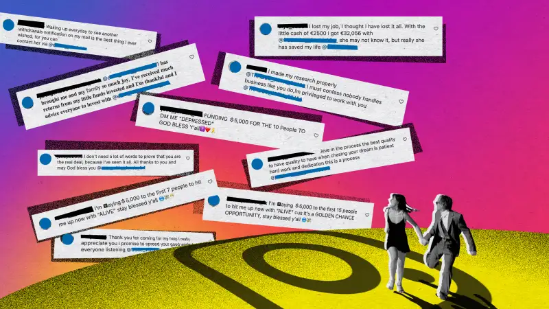 Photo illustration of many spam comments flooding Instagram while two people run away from them, scared