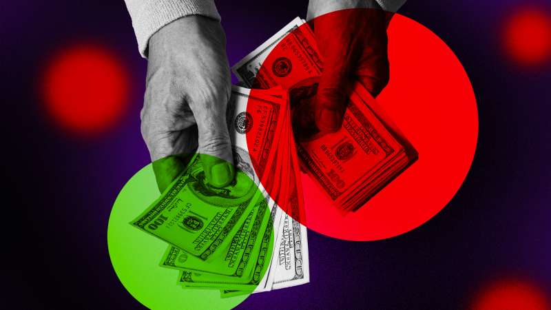 Photo illustration of an investor choosing where to put his money, either in the green or in the red.