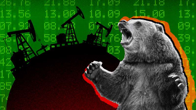Photocollage of a bear and some oil pumps backed by a stock market ticker background