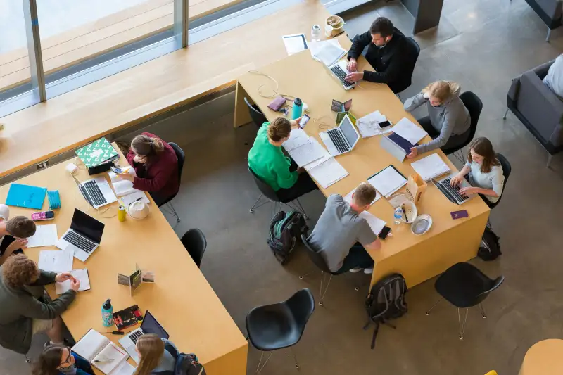 College students share a table and study together