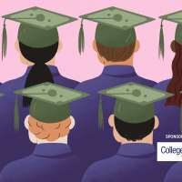 Illustration of two rows of students form behind wearing a graduation cap and gown