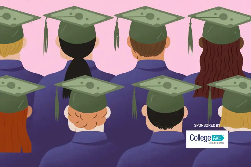 Illustration of two rows of students form behind wearing a graduation cap and gown