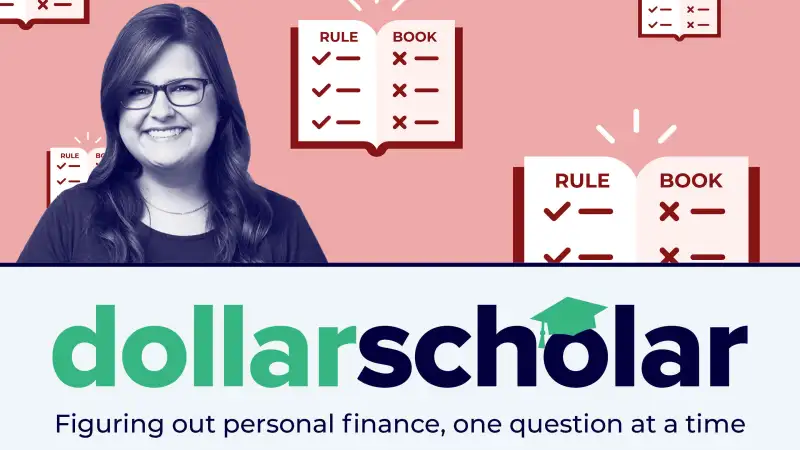 Dollar Scholar Banner with a Rule Book illustration with check and X marks