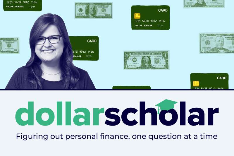 Dollar Scholar Banner with multiple cards and dollar bills in the background