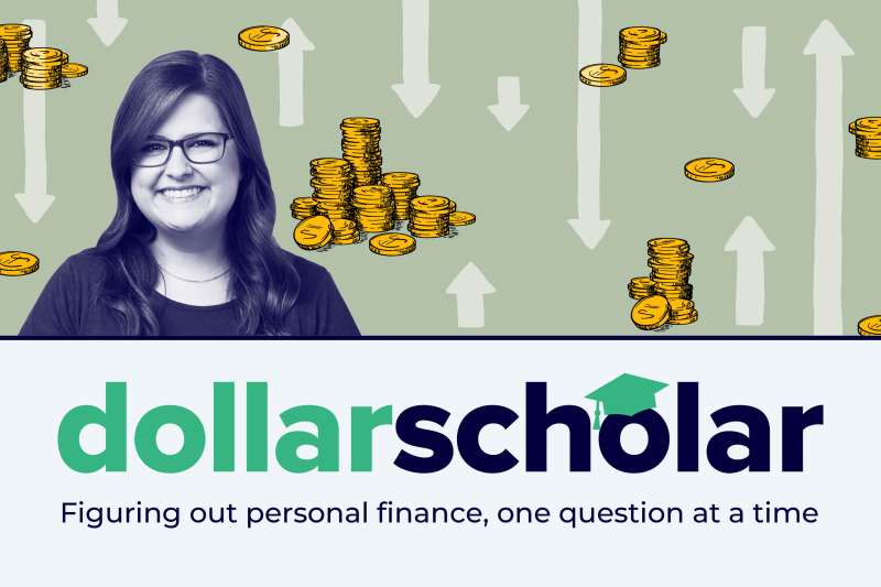 Dollar Scholar Banner with arrows going up and down and stack of coins with more or less quantity