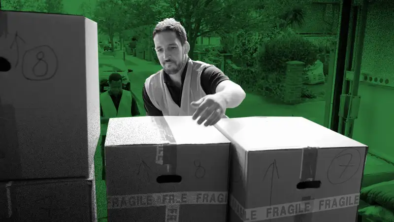 A man working for a moving company lifting boxes from a truck