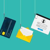 Illustration of a credit card, password and other items being fished to express a metaphor for identity theft.