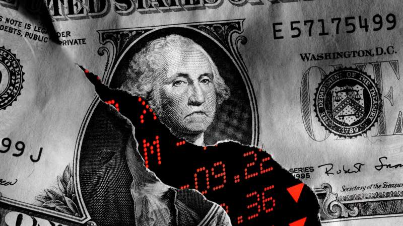 Photo Collage of a broken One Dollar Bill with a sad George Washington and a negative stock market chart in the background