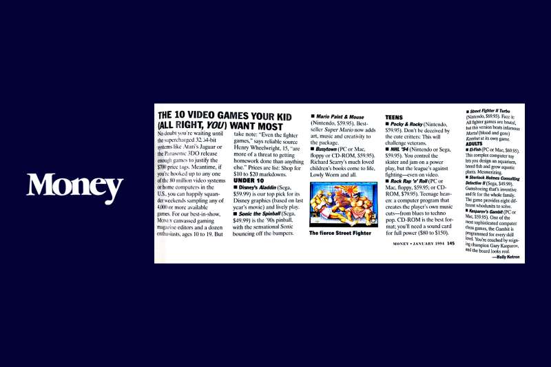 Scan of an old Money article from January 1994 about the ten most wanted video games